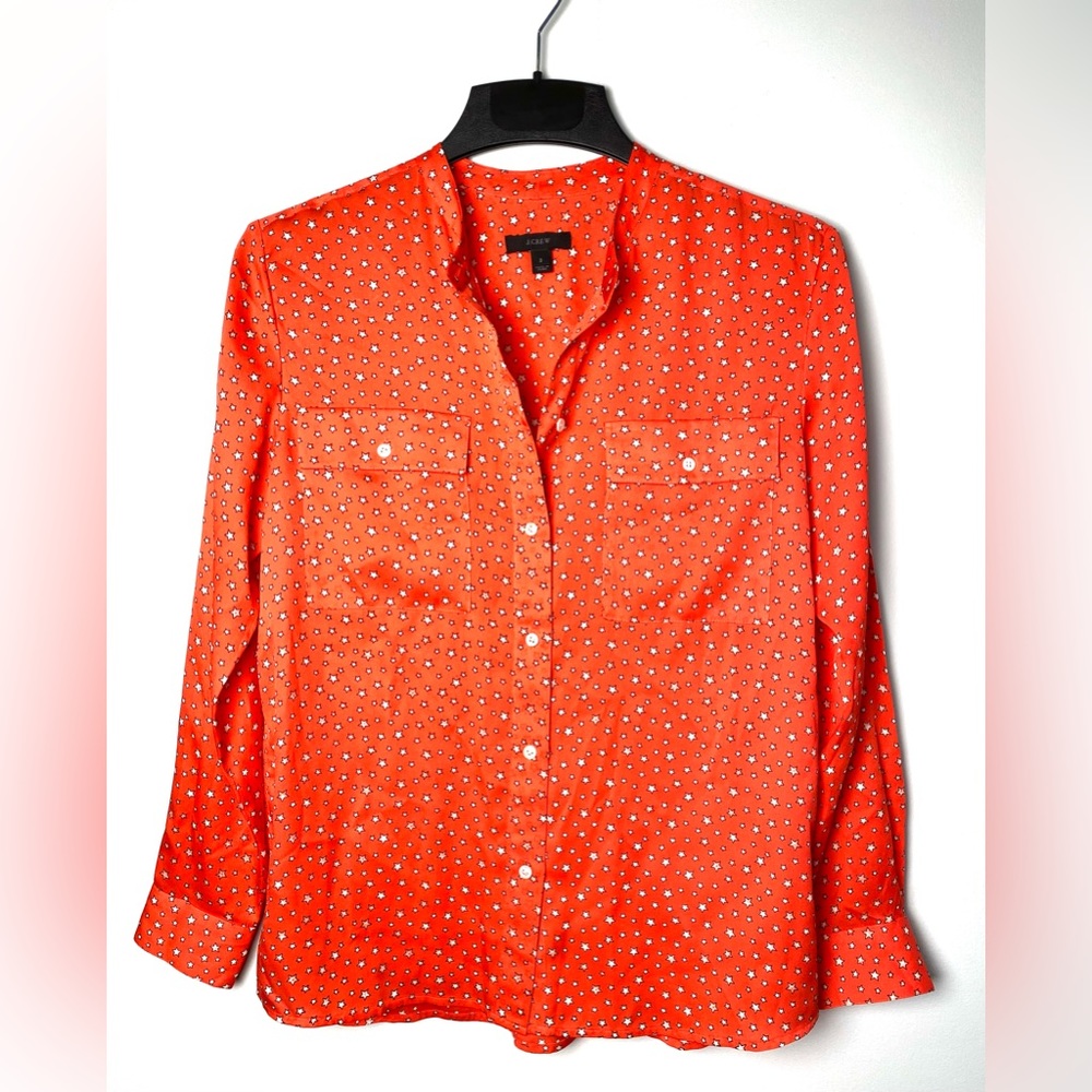 J. Crew Women's Orange Silk Long Sleeve Button Up Star Print Top/Blouse Size 2